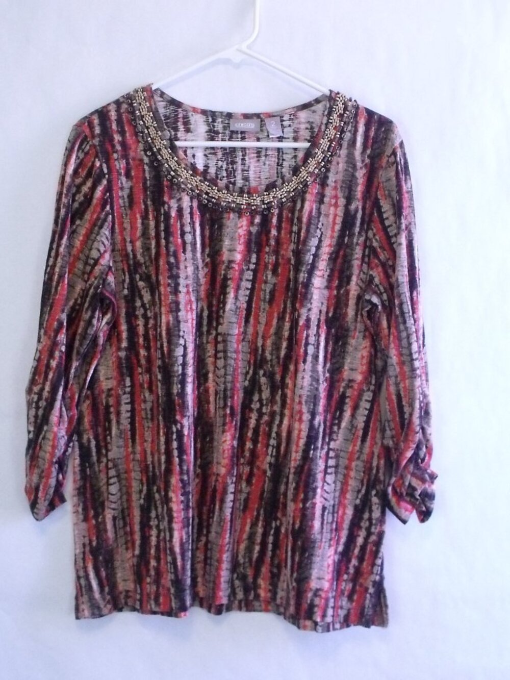 Chico's Beaded Ruched 3/4 Sleeve Top